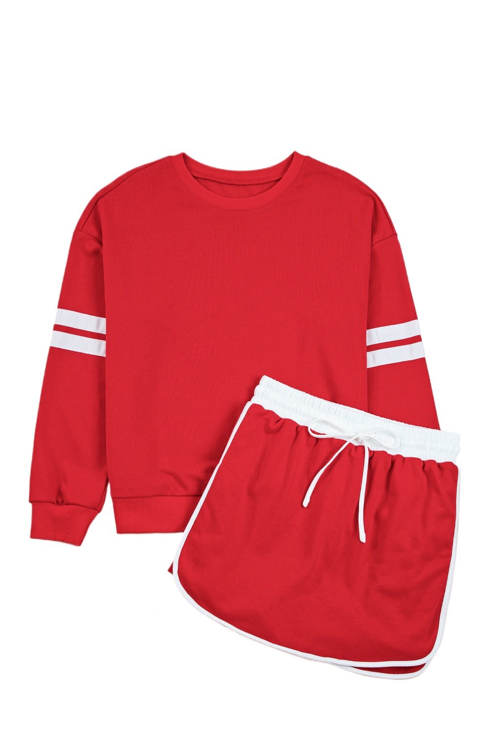 Women's Fiery Red Varsity Stripe Detail Drop Shoulder Pullover Mini Skirt Set - Main View
