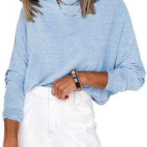 Women's Beau Blue Solid Color Batwing Long Sleeve Top - Casual Comfort for Everyday Wear - Main View