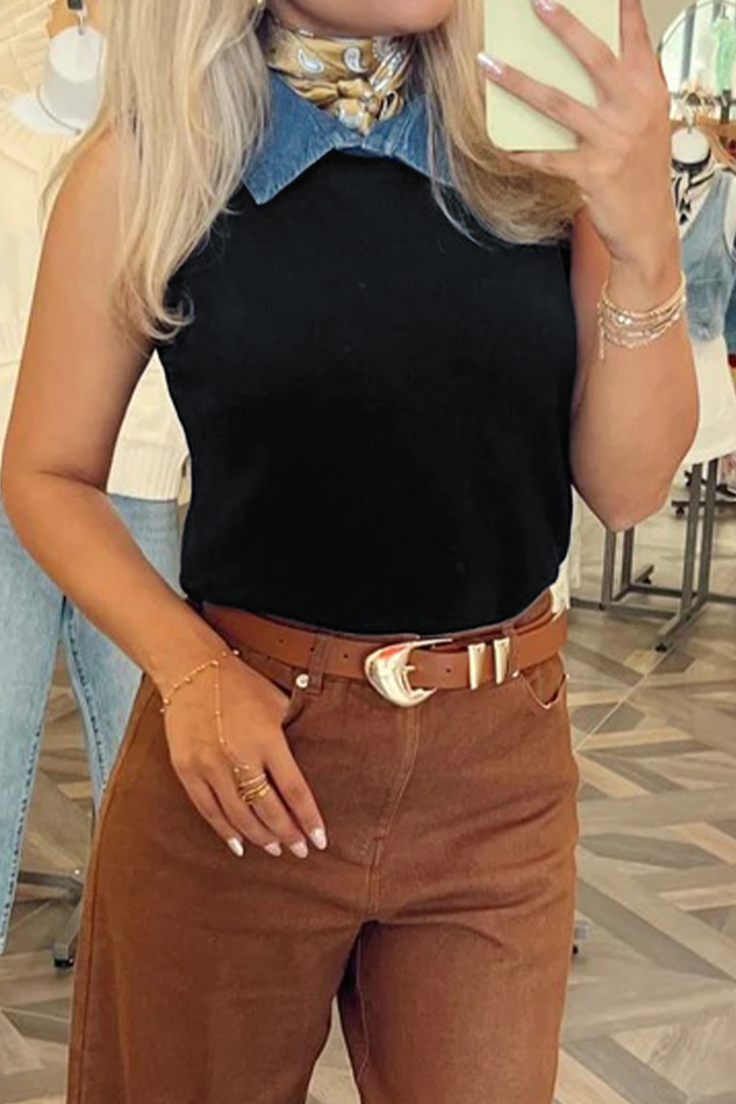 Women's Casual Black Knit Vest with Denim Collar – Trendy Summer Patchwork Sleeveless Sweater Top - Detail View 3