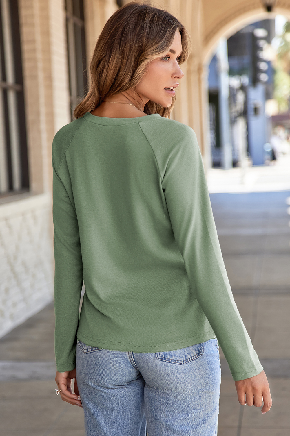 Comfortable Shift Silhouette Raglan Top for Daily Wear - Laurel Green - Detail View 7