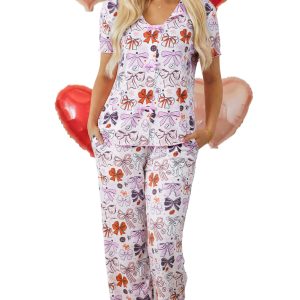 Women's Pink Bow Print Short Sleeve Pajama Set – Chic Summer Loungewear for Home