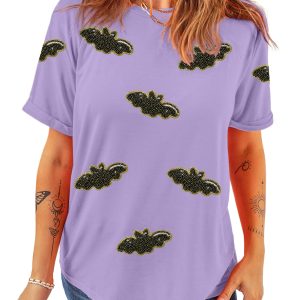 Wisteria Sequin Halloween Bat Patched Casual T-Shirt for Women - Main View