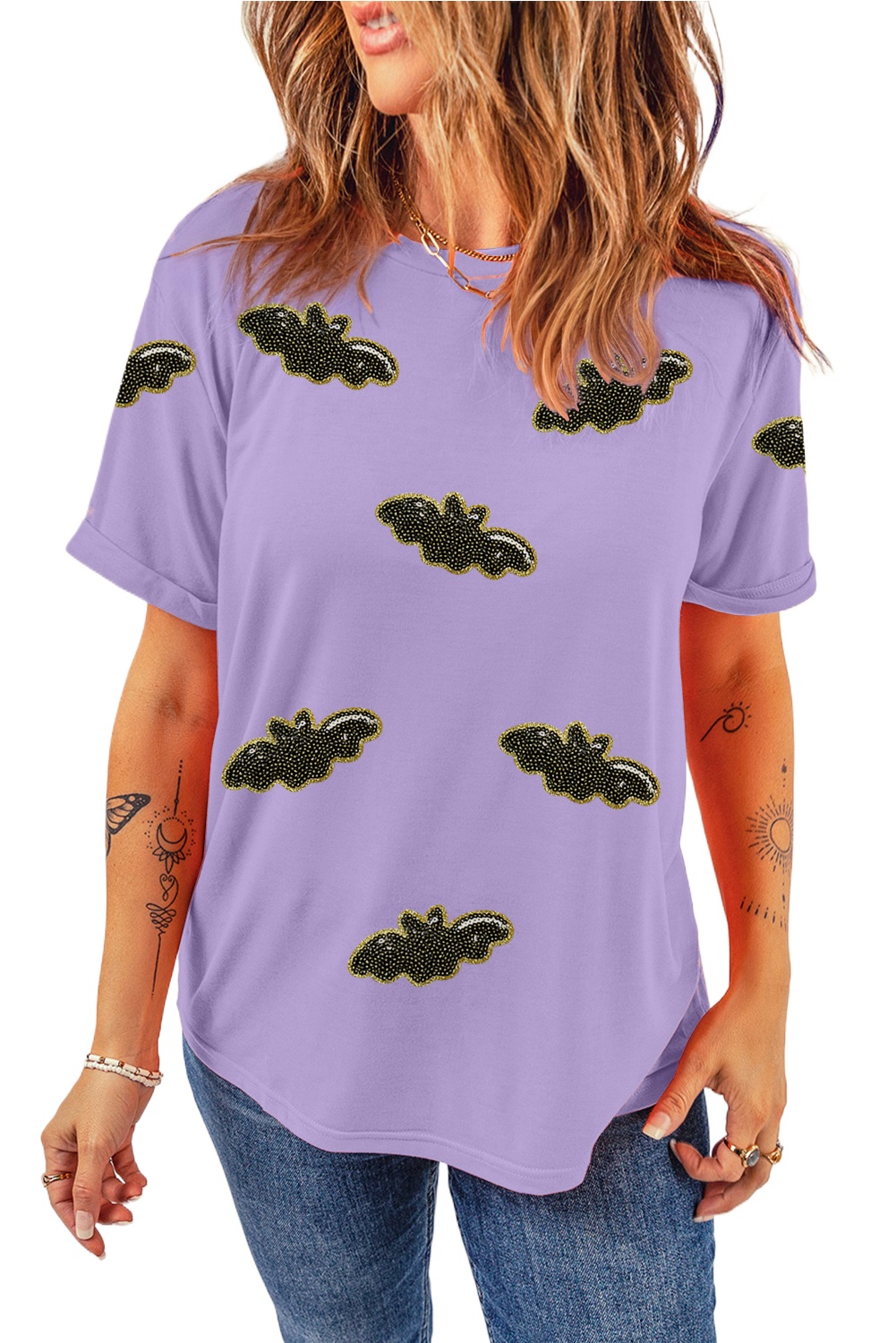 Wisteria Sequin Halloween Bat Patched Casual T-Shirt for Women - Main View