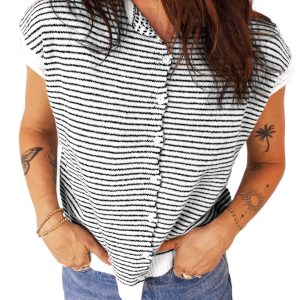 Women's Black Stripe Contrast Trim Button Down Cardigan – Casual Spring Style