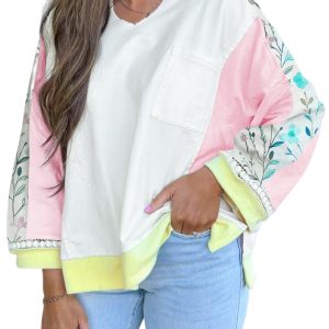 Women's White Floral Colorblock Patchwork Long Sleeve Top with Notched Neck - Main View