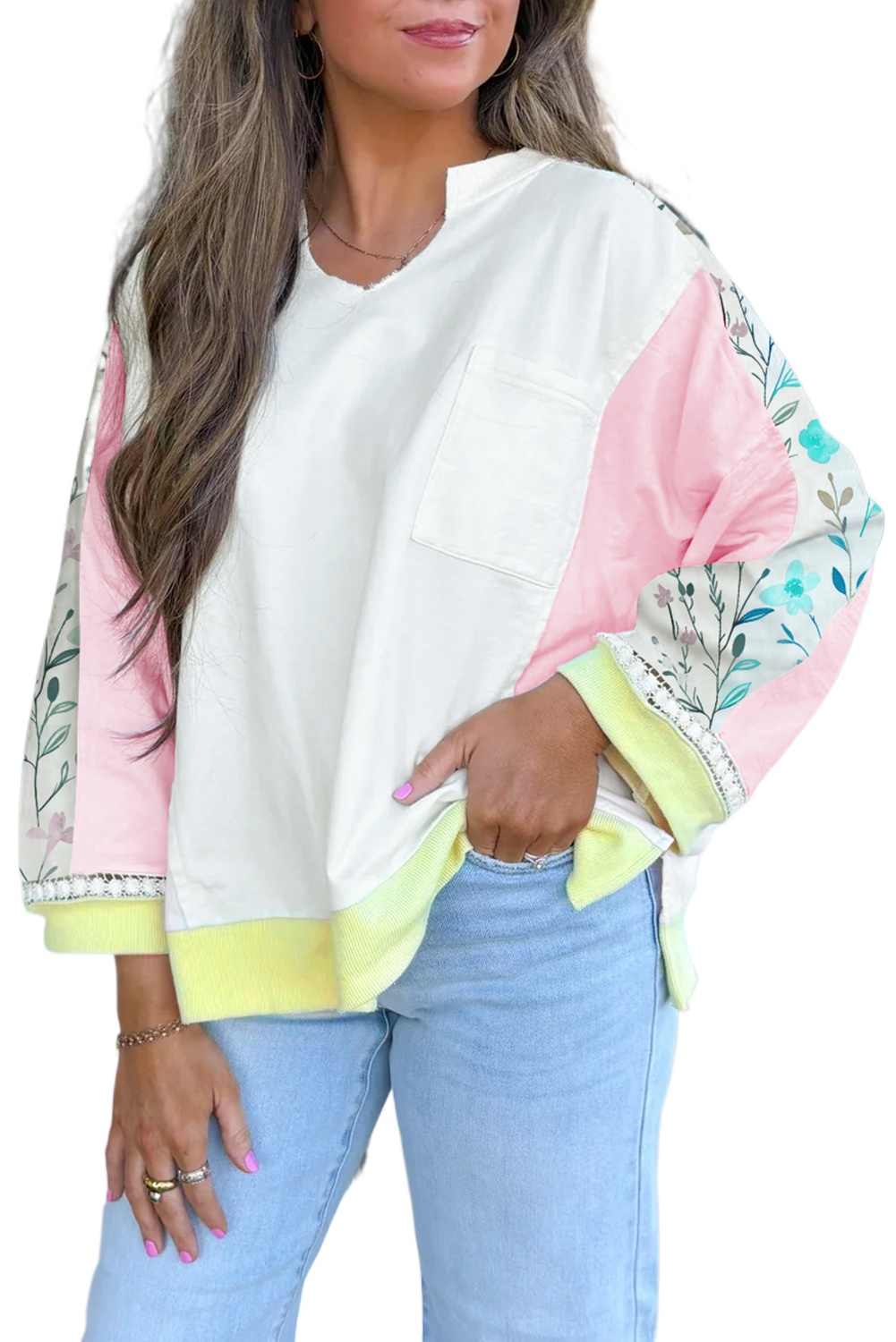 Women's White Floral Colorblock Patchwork Long Sleeve Top with Notched Neck - Main View
