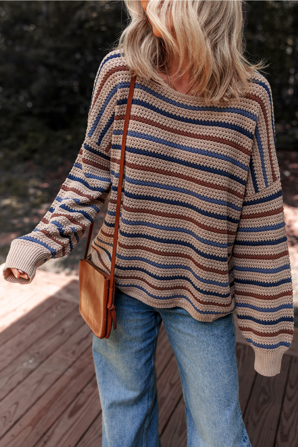 Women's Sweater, Multicolour Stripes, Drop Shoulder, Round Neck, Long Sleeve, Casual Style, Cozy Knit, Daily Wear, Fall Fashion, Autumn Wardrobe, Comfortable Fit, Classic Design, Shift Silhouette, Soft Fabric, Easy Layering - Detail View 8