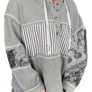 Women's Gray Mixed Pattern Waffle Knit Half Button Hooded Top – Casual Fall Essential - Main View