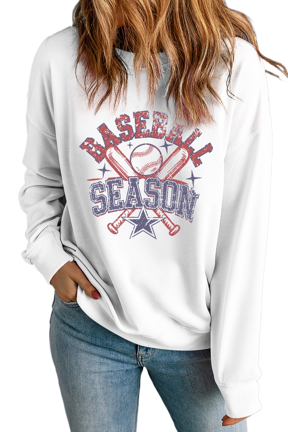Women's White Vintage BASEBALL SEASON Graphic Sweatshirt - Retro Team Pride - Main View