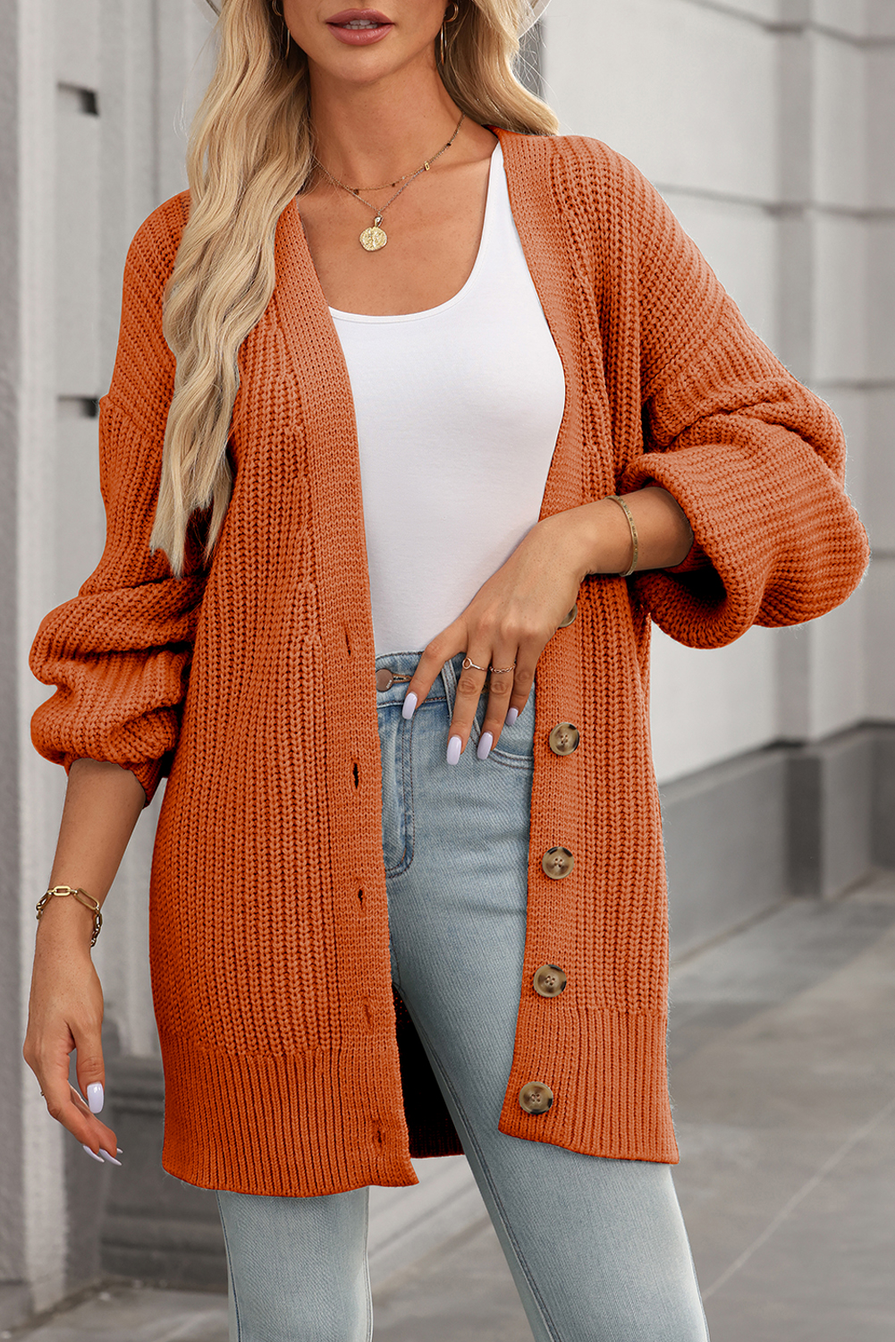 Comfortable and Versatile Chunky Cardigan for Daily Wear - Gold Flame with Buttons - Detail View 7