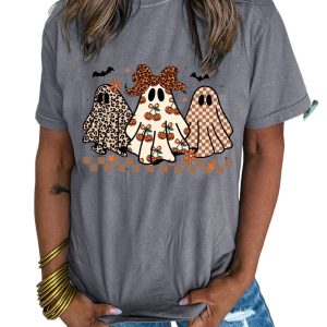 Women's Gray Halloween Ghost Print Tee – Casual Short Sleeve Top for Festive Fun - Main View