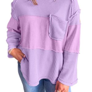 Women's Phalaenopsis Purple Thermal Knit Long Sleeve Top with Contrast Textured Patchwork - Main View