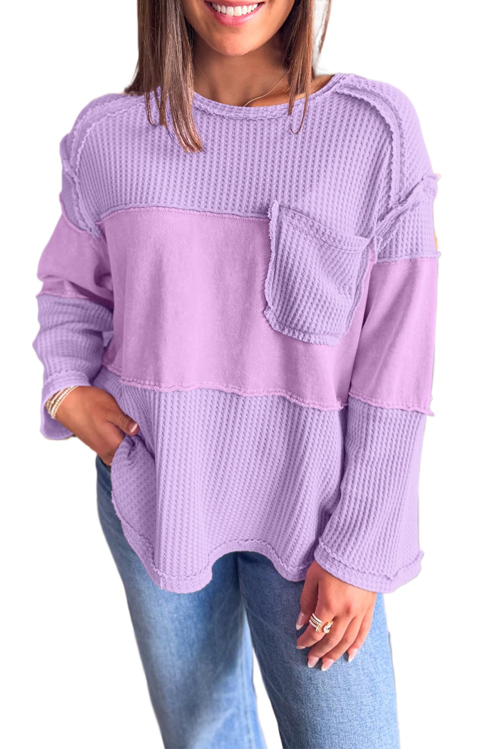 Women's Phalaenopsis Purple Thermal Knit Long Sleeve Top with Contrast Textured Patchwork - Main View
