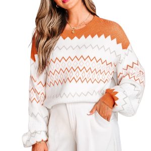 Women's Khaki Zigzag Geometric Pattern Knitted Pullover Sweater for Casual Fall Days - Main View