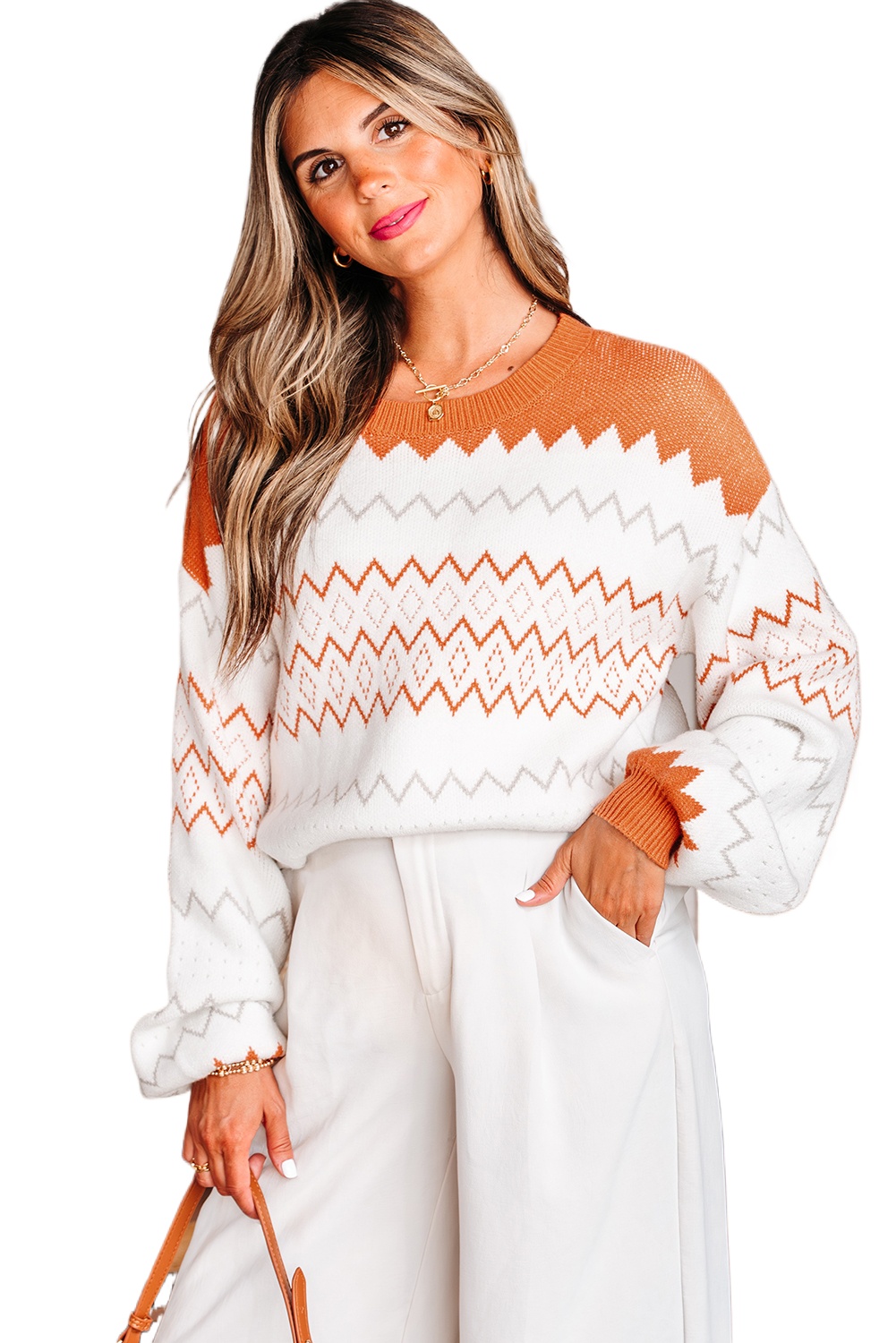 Women's Khaki Zigzag Geometric Pattern Knitted Pullover Sweater for Casual Fall Days - Main View