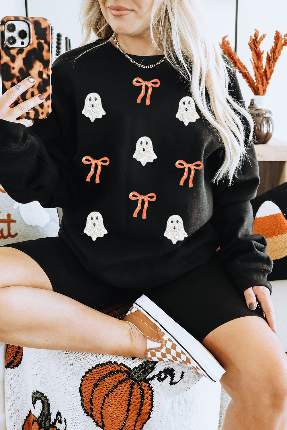 Festive Fall & Autumn Black Sweatshirt with Sequin Accent - Perfect for Halloween - Detail View 7