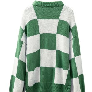 Mist Green Checkered Pattern Polo Collar Sweater for Women – Casual Comfort for Autumn Days - Main View