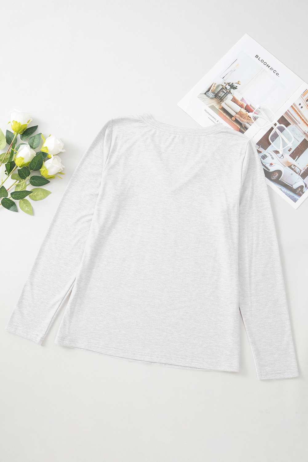 Women's White Solid Color V Neck Long Sleeve Stretchy Top for Everyday Wear - Detail View 9