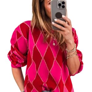 Women's Rose Red Glitter Rhombus Knit Sweater for Casual Daily Wear