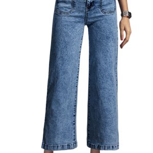 Women's Sky Blue Casual Straight Leg Jeans with Patch Pockets