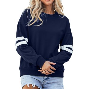 Women's Navy Blue Oversized Drop Shoulder Sweatshirt with Varsity Striped Detail - Main View