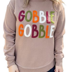 Women's Dark Khaki GOBBLE Letter Graphic Thanksgiving Shift Sweatshirt - Main View