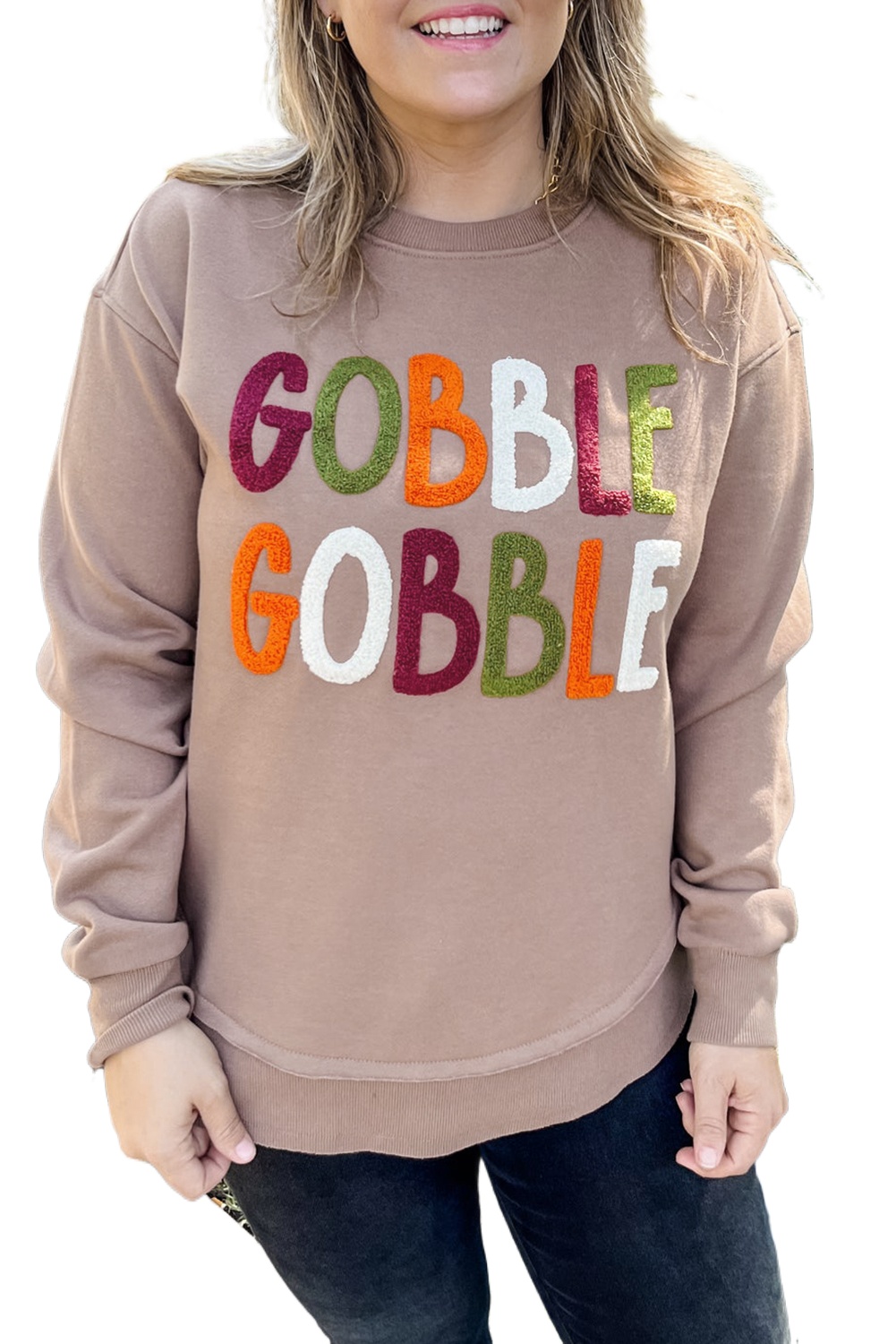 Women's Dark Khaki GOBBLE Letter Graphic Thanksgiving Shift Sweatshirt - Main View