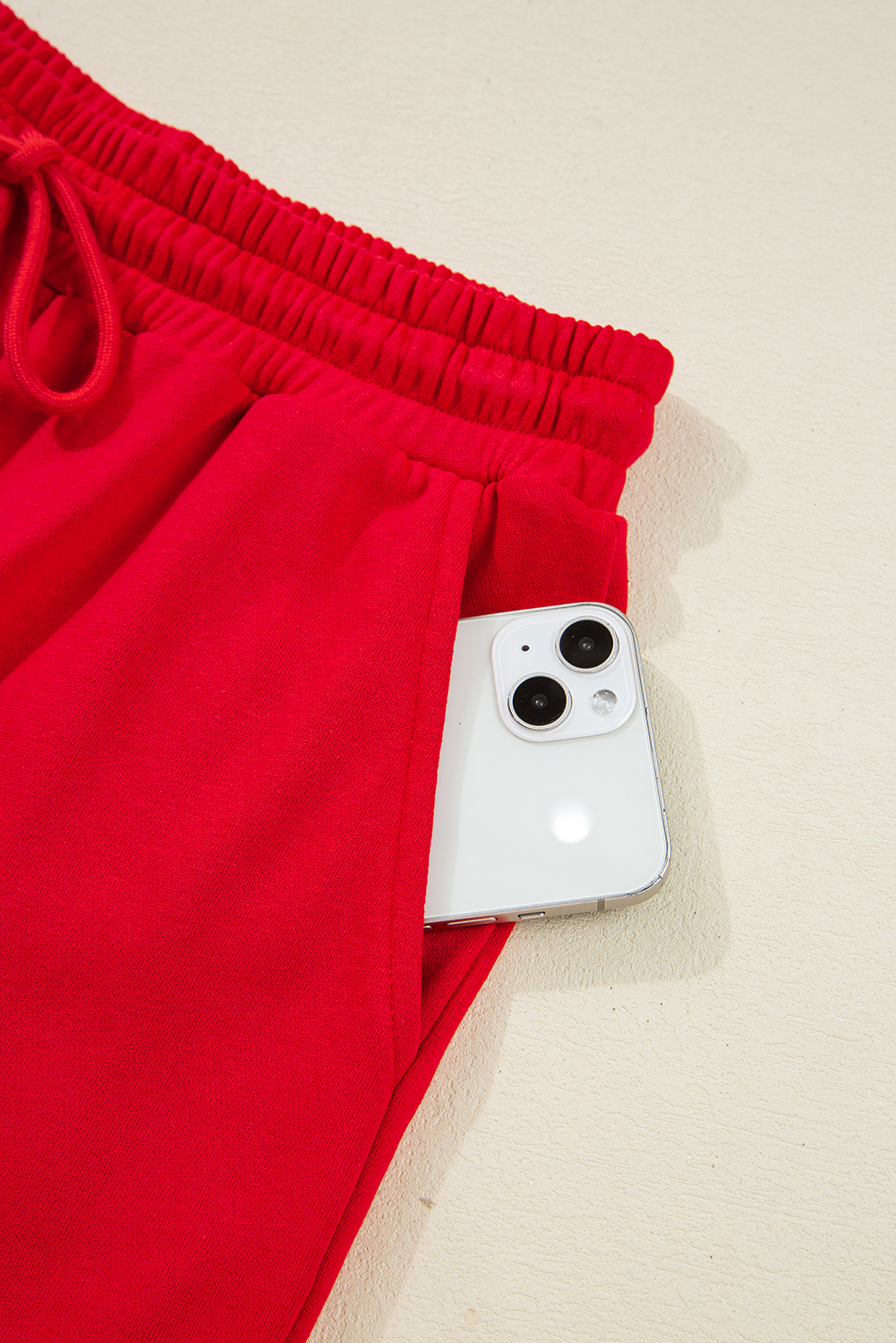 Casual Fiery Red Long Sleeve Sweatshirt with Contrast Trim and Matching Shorts - Detail View 10