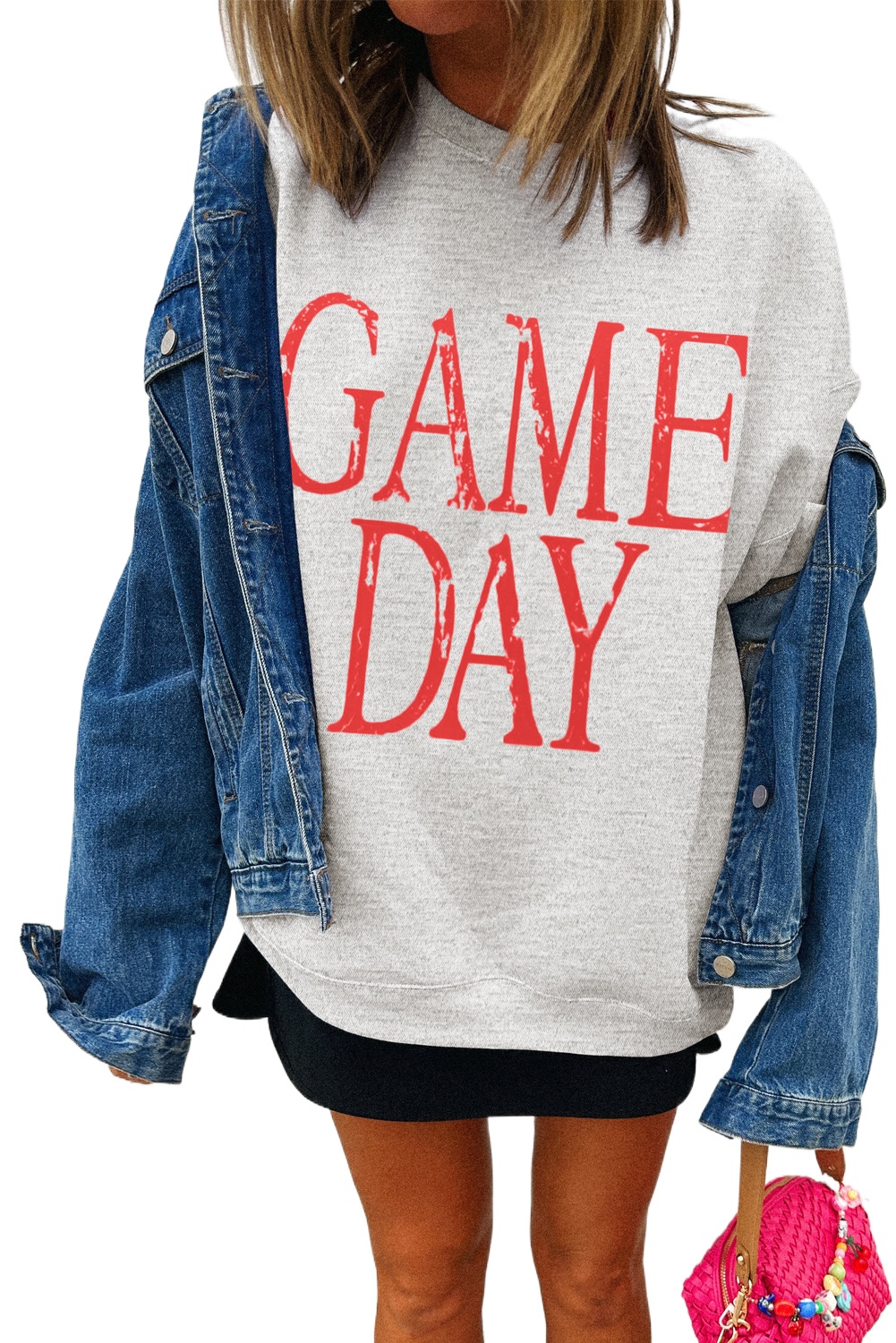 Red Vintage Washed GAME DAY Graphic Baggy Sweatshirt for Women - Main View
