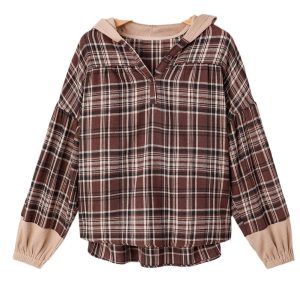 Women's Brown Plaid Patchwork Long Sleeve Hooded Blouse for Casual Wear - Main View