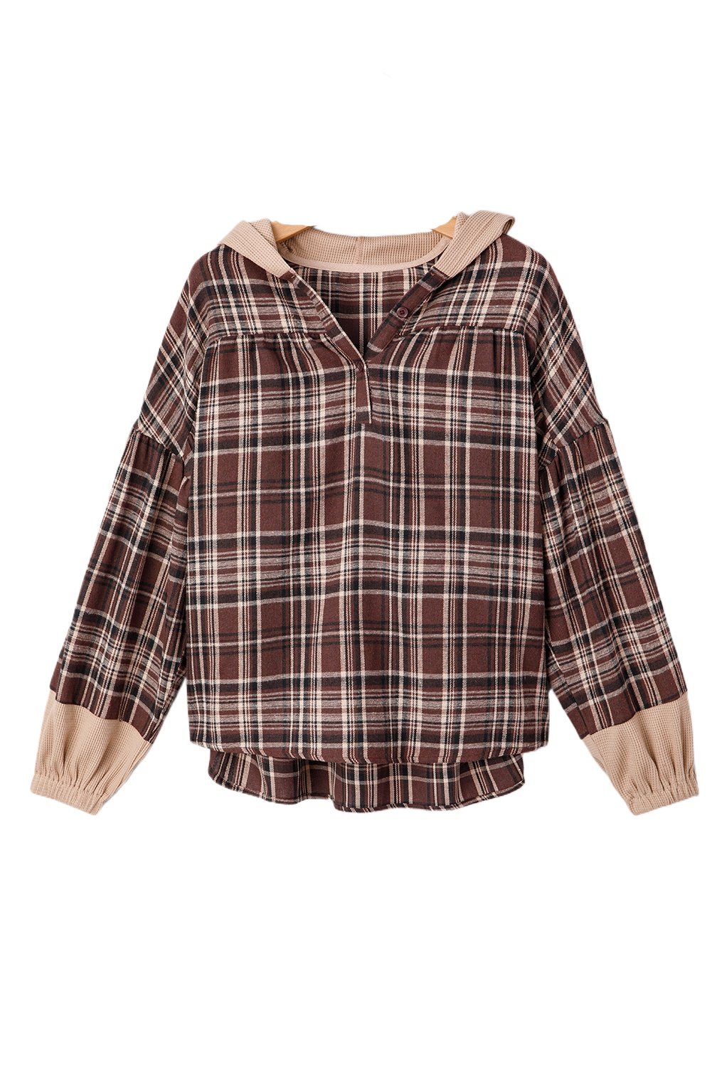 Women's Brown Plaid Patchwork Long Sleeve Hooded Blouse for Casual Wear - Main View