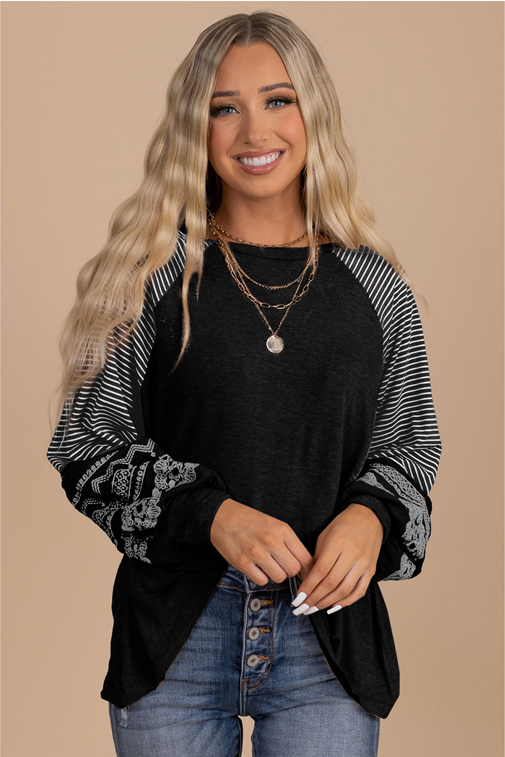 Women's Black Contrast Print Striped Raglan Long Sleeve Loose Top - Detail View 5