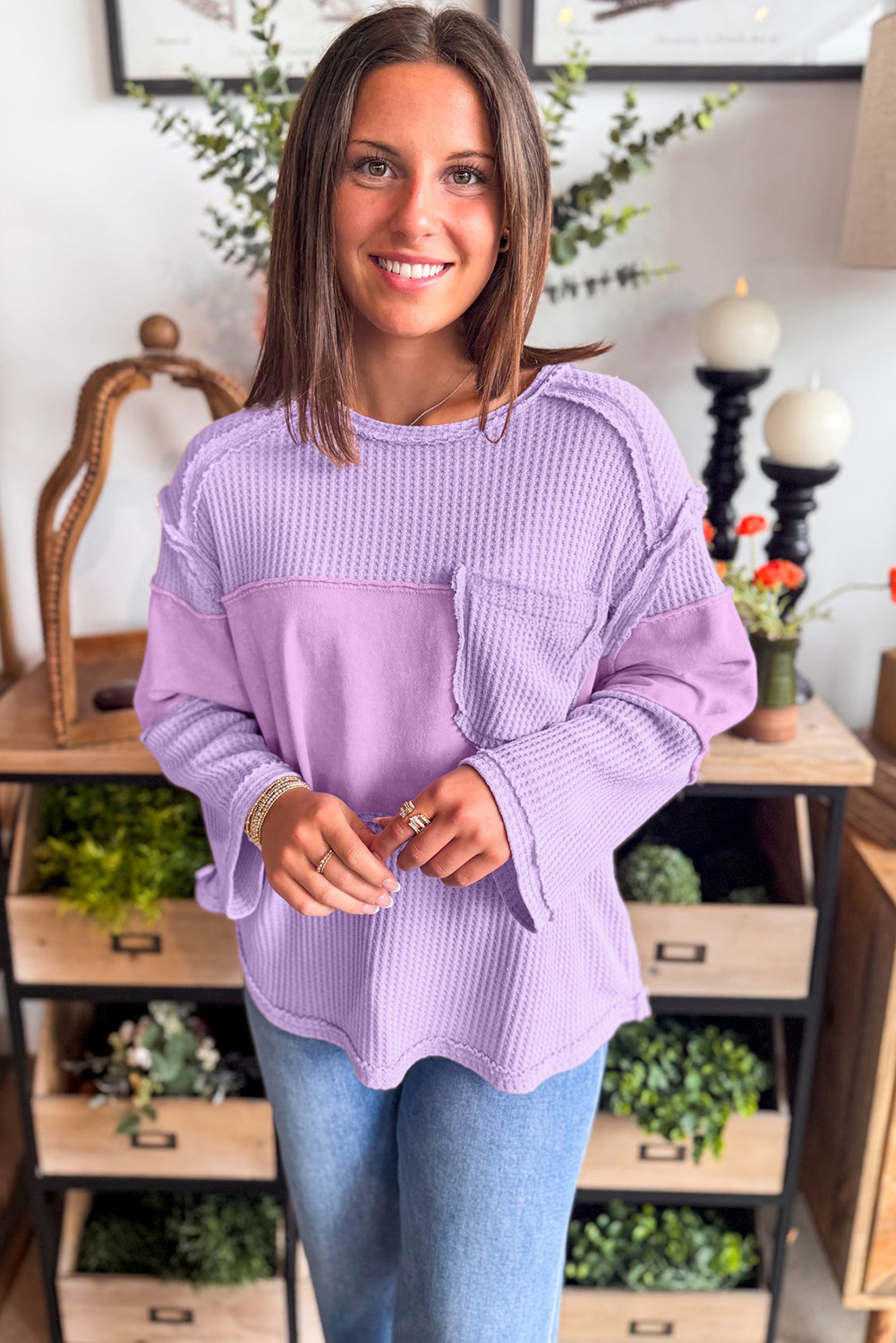 Stylish Shift Silhouette Round Neck Long Sleeve Top in Phalaenopsis Purple - Detail View 3