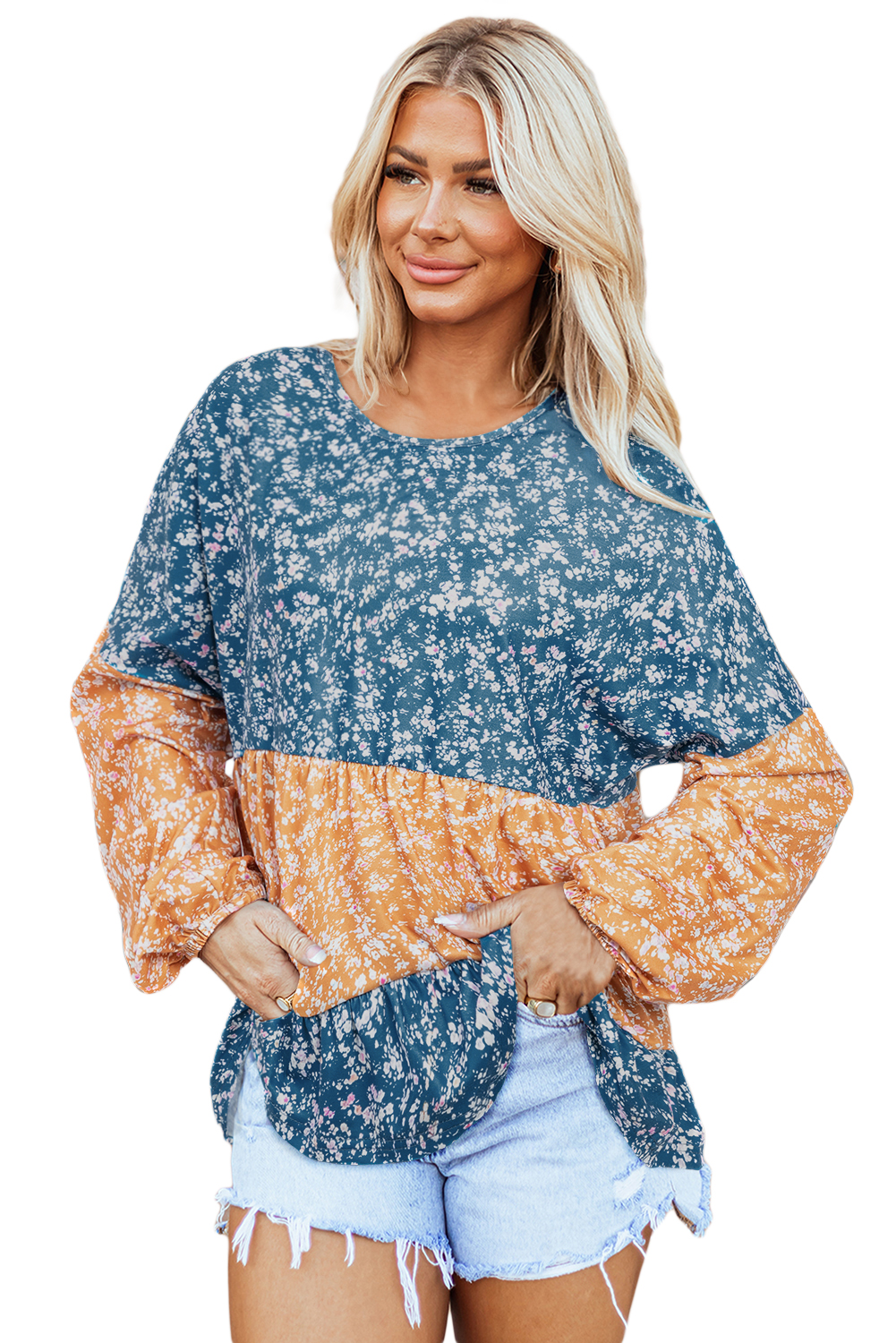Women's Blouse, Orange Floral, Color Block, Patchwork, Ruffled Hem, Round Neck, Long Sleeve, Daily Wear, Spring Fashion, Southern Belle Style, Country Chic, Stylish Top, Comfortable Fit, Trendy Design - Detail View 20