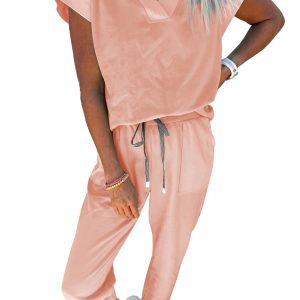 Women's Apricot Pink V-Neck Tee & Drawstring Pant Set – Casual Summer Comfort