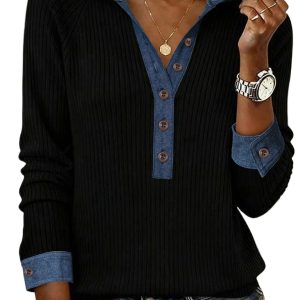 Women's Black Ribbed Knit Hoodie with Denim Patchwork – Casual Long Sleeve Top for Autumn