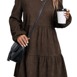 Women's Dark Brown Lantern Sleeve Mini Dress – Casual Autumn A-Line Dress for Daily Wear
