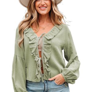 Women's Meadow Mist Green Bow Tie Front Ruffle Trim V Neck Long Sleeve Blouse - Main View