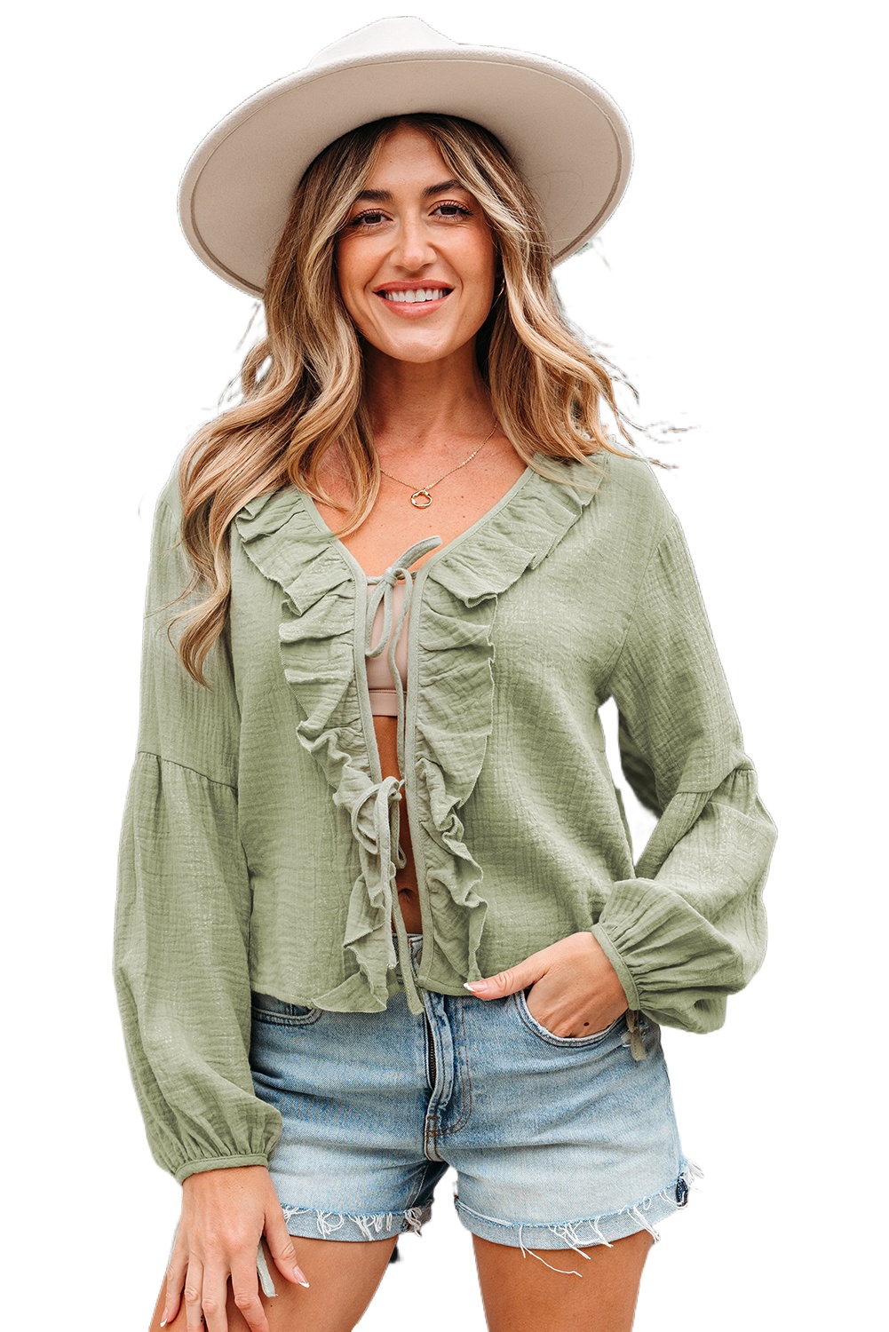 Women's Meadow Mist Green Bow Tie Front Ruffle Trim V Neck Long Sleeve Blouse - Main View