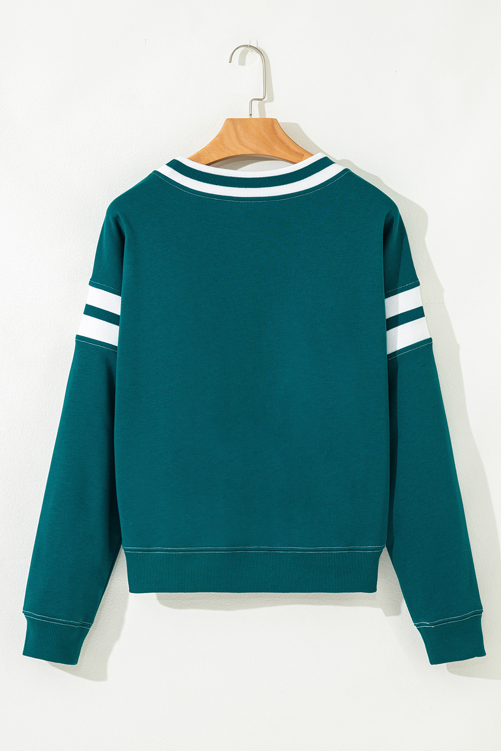 Women's Blackish Green Contrast Striped Patchwork Round Neck Drop Shoulder Sweatshirt - Detail View 9