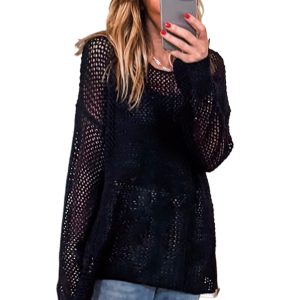 Women's Black Crochet Hollow-Out Jumper Top Sweater - Boho Chic Design - Main View