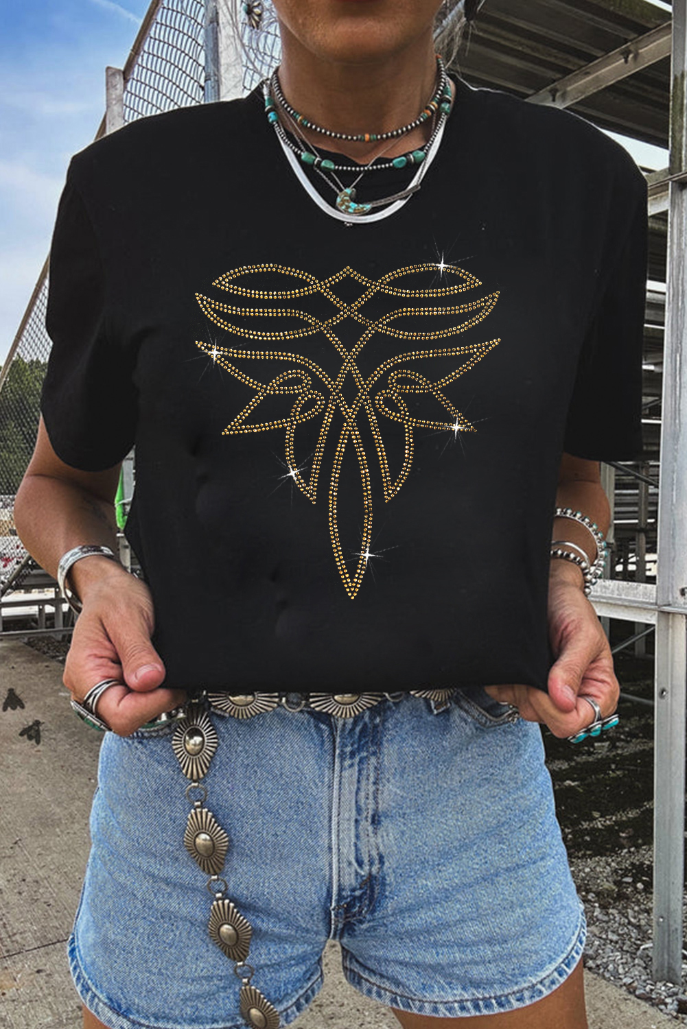 Sparkling Rhinestone Western Print Cotton Blend Tee for Effortless Cowgirl Style - Detail View 6