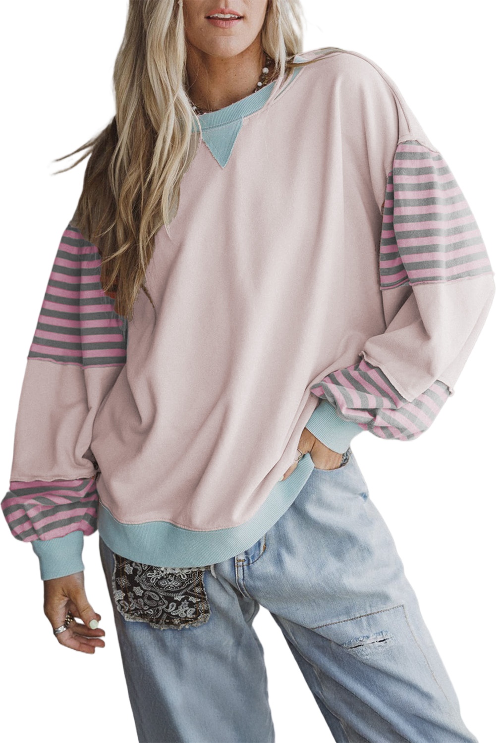 Women's Delicacy Striped Colorblock Patchwork Drop Shoulder Long Sleeve Sweatshirt - Main View