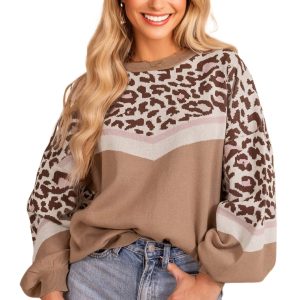 Women's Straw Yellow Leopard Color Block Knit Sweater – Casual Fall Layering for Everyday Comfort - Main View