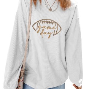 Women's White Corduroy Sweatshirt with Embroidered Game Day Design - Main View