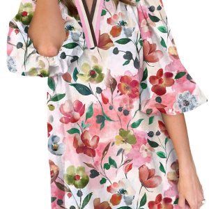 Women's Red Floral Contrast Striped V Neck Puff Half Sleeve Shift Dress - Stylish Summer Casual Wear - Main View