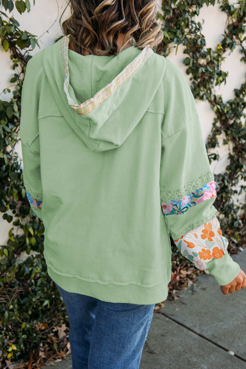 Clearly Aqua Lace Floral Patchwork Half Button Hooded Pullover for Women - Detail View 5