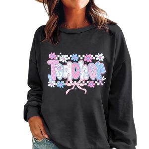 Women's Black Custom Teacher Graphic Sweatshirt - Floral & Letter Print - Main View