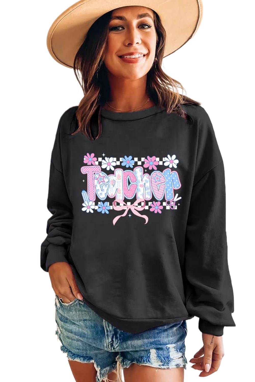 Women's Black Custom Teacher Graphic Sweatshirt - Floral & Letter Print - Main View