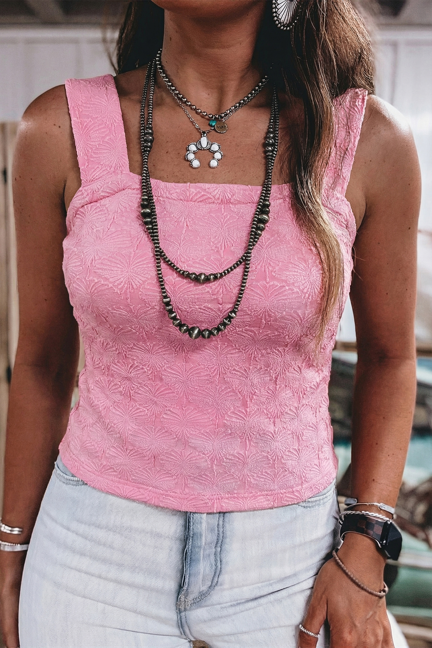 Western Style Women's Pink Floral Tank Top – Slim Square Neck Sleeveless Jacquard Summer Blouse - Detail View 6